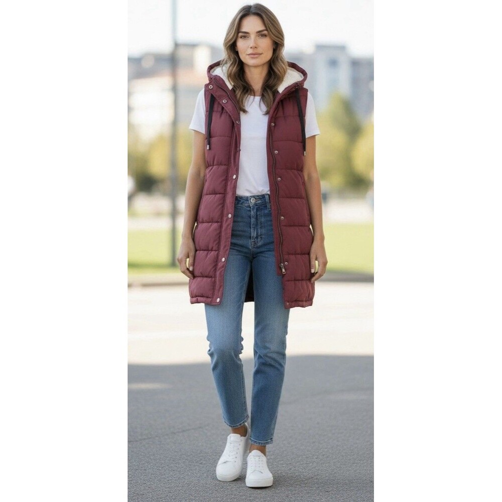 Nuage Zip Front Hooded Long Puffer Vest - Tawny Port XS RED
